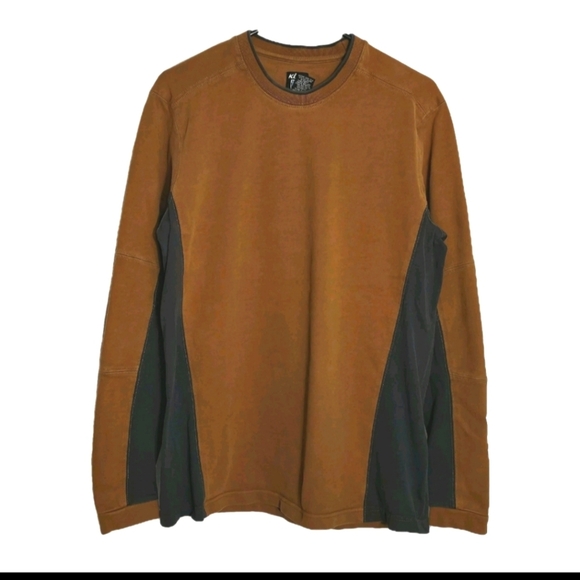 KUHL MEN'S MEDIUM CREWNECK 100% ORGANIC COTTON BROWN MUSTARD LONGSLEEVE SHIRT - Picture 1 of 8